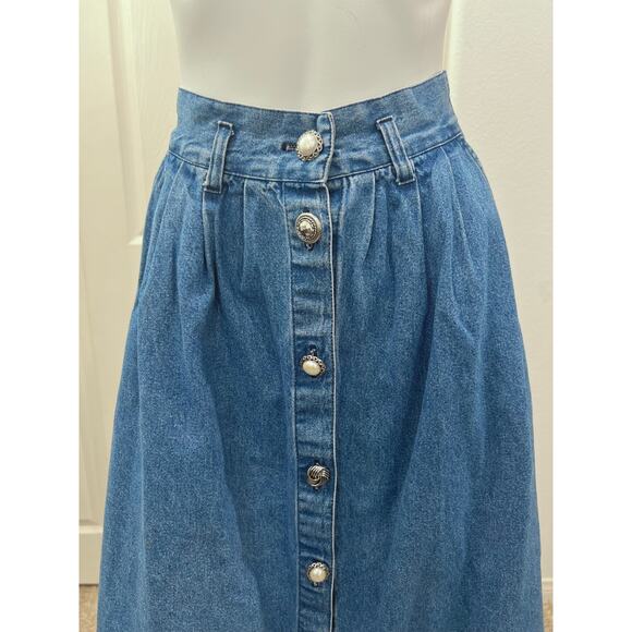 vintage 80s cherokee denim skirt / Pleat A-line Denim Prairie Skirt/ size small - Picture 2 of 9
